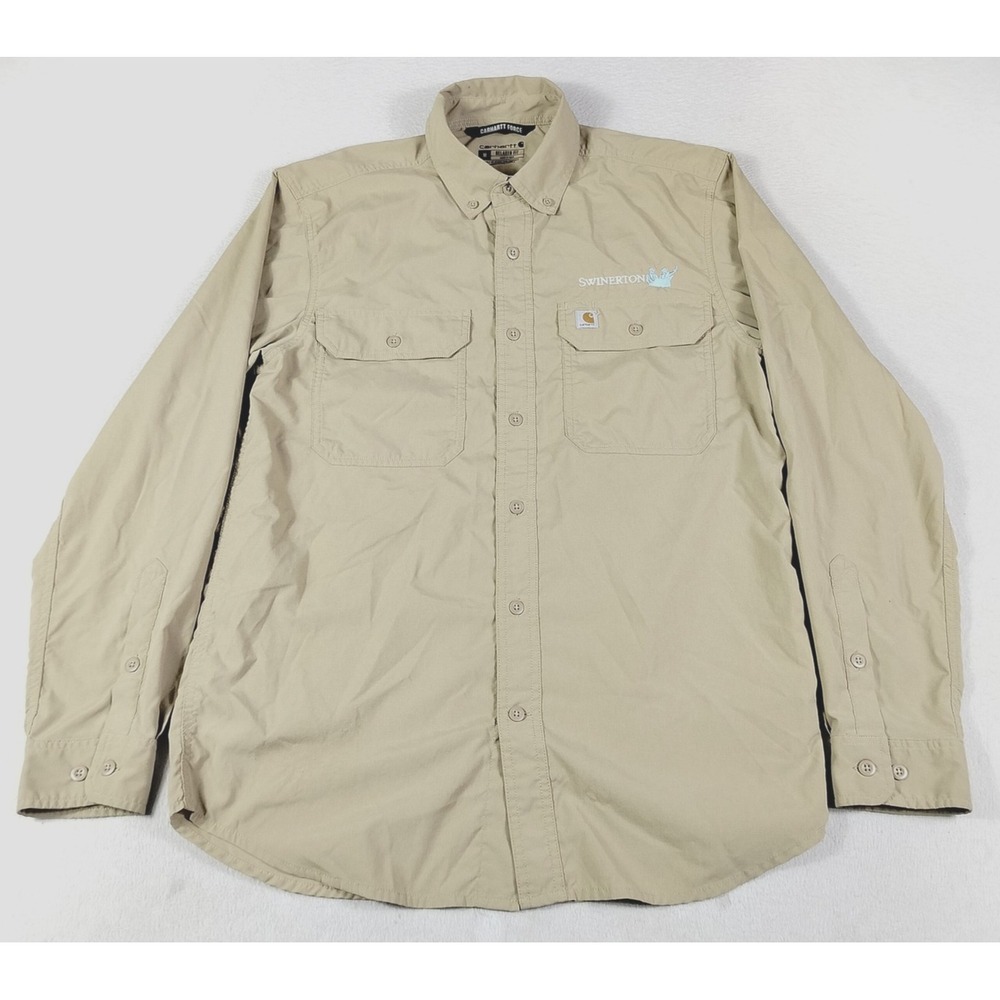Carhartt Force Sun Defender Shirt Mens Medium Beige Solid Long Sleeve Workwear